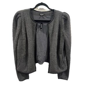 Express Women’s Puff Sleeve Collarless Knit Jacket Fuzzy Grey Knit Small NWT